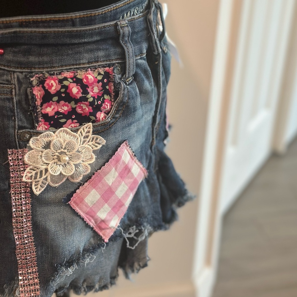 Custom American Eagle Denim Patchwork Shorts - image 3